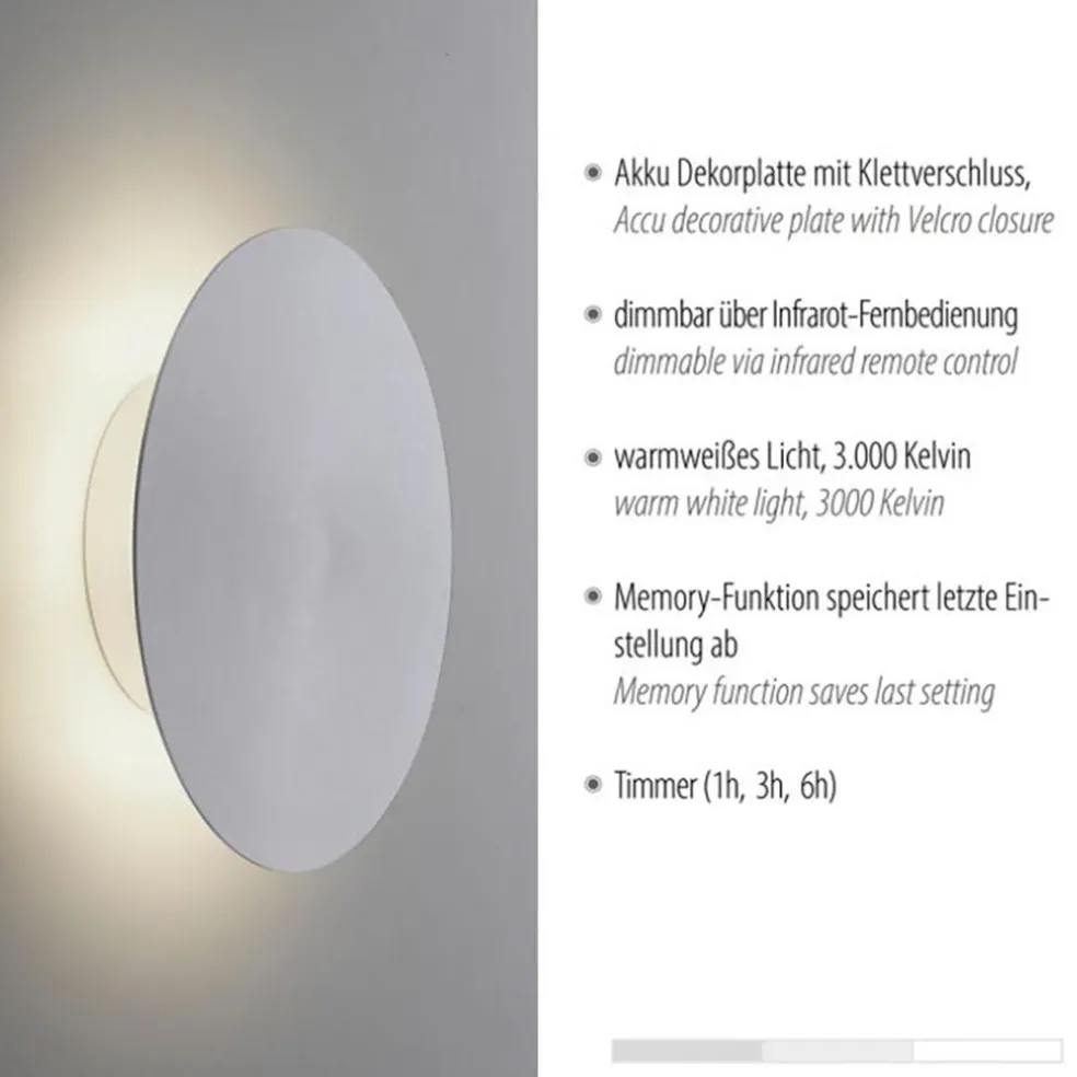 Aluminium LED wandlamp op accu 3-standen dimbaar