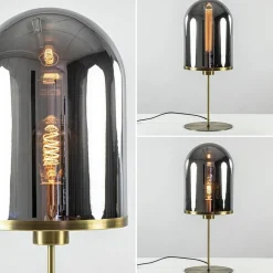 Antiek bronzen tafellamp Maverick met smoke glas groot