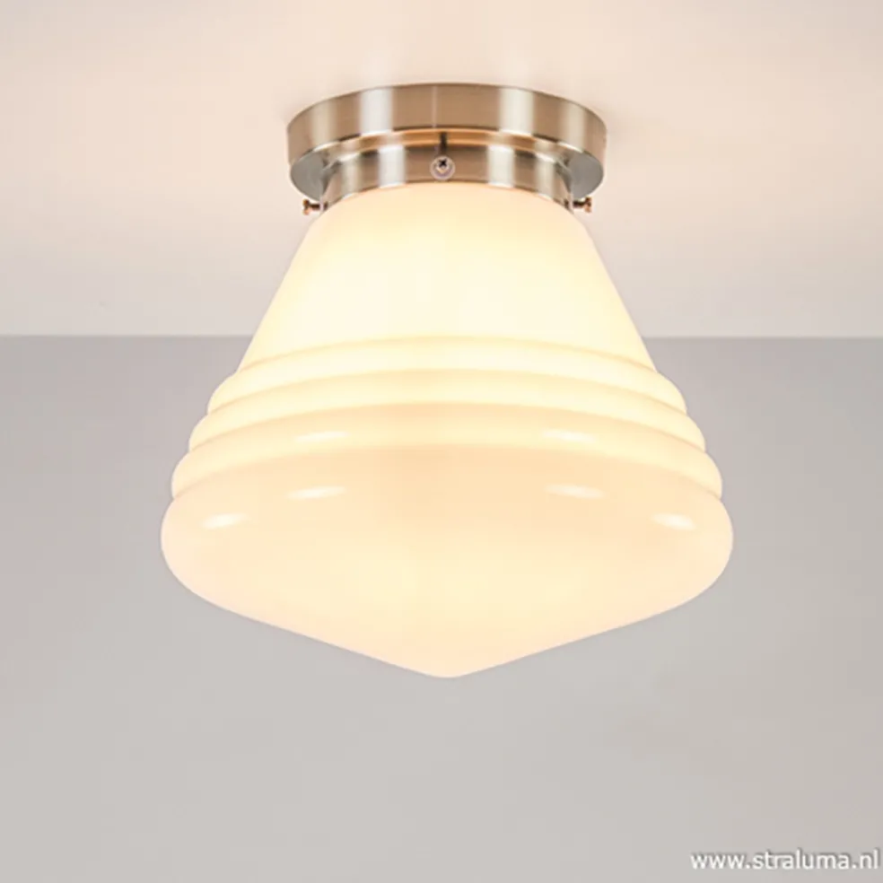 Art Deco plafondlamp staal met wit gl.