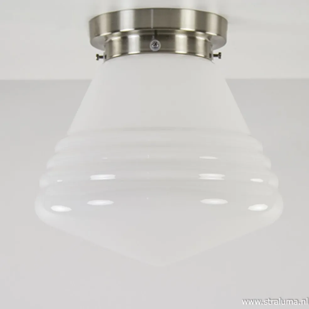 Art Deco plafondlamp staal met wit gl.