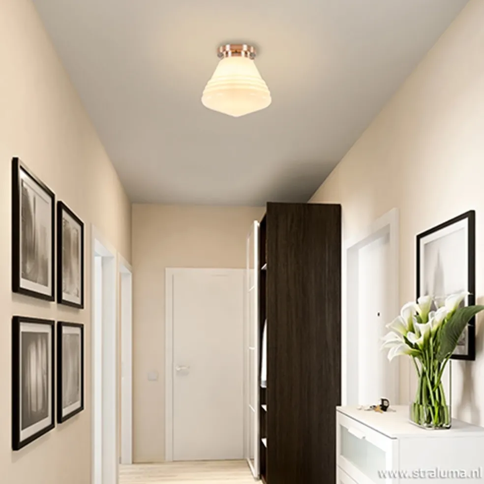 Art Deco plafondlamp staal met wit gl.