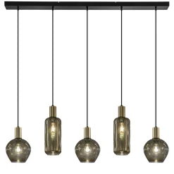 Chique 5-lichts hanglamp smoke glas met brons