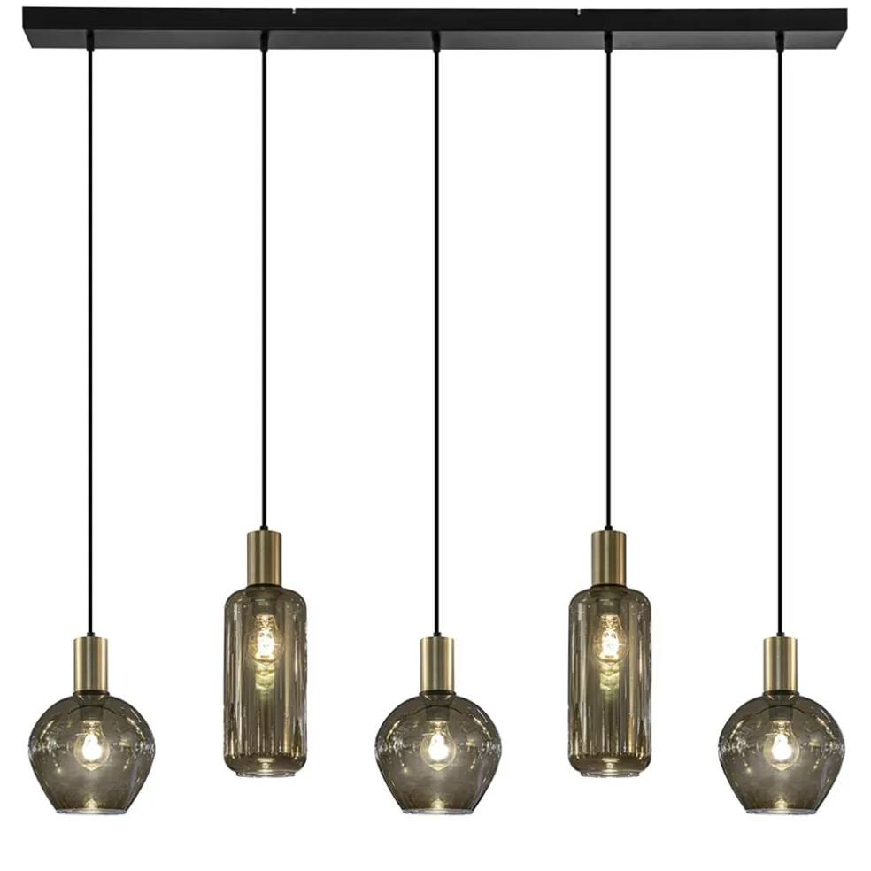 Chique 5-lichts hanglamp smoke glas met brons