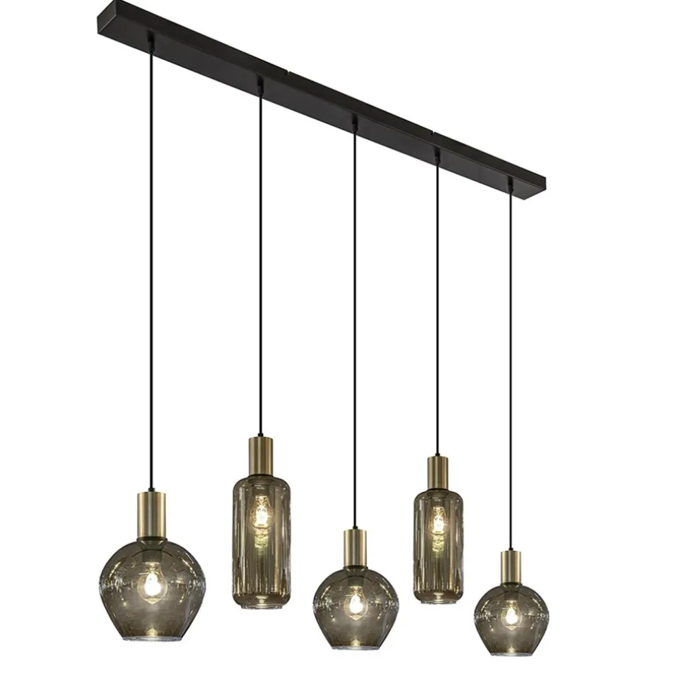 Chique 5-lichts hanglamp smoke glas met brons