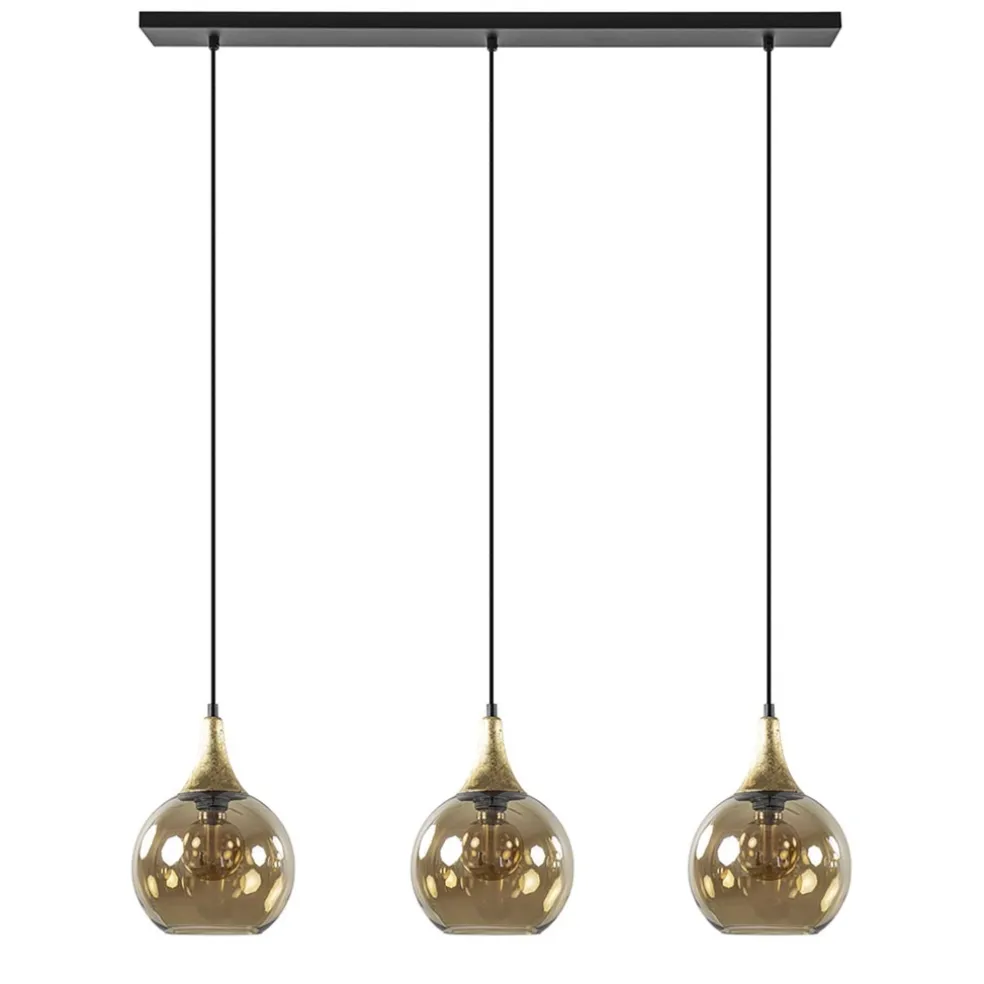 Chique 3-lichts hanglamp zwart/goud met amber glas