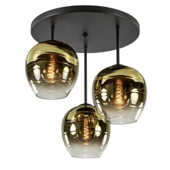 Chique 3-lichts plafondlamp zwart met goud glas