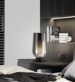Chique tafellamp zwart marmer met smoke glazen kap