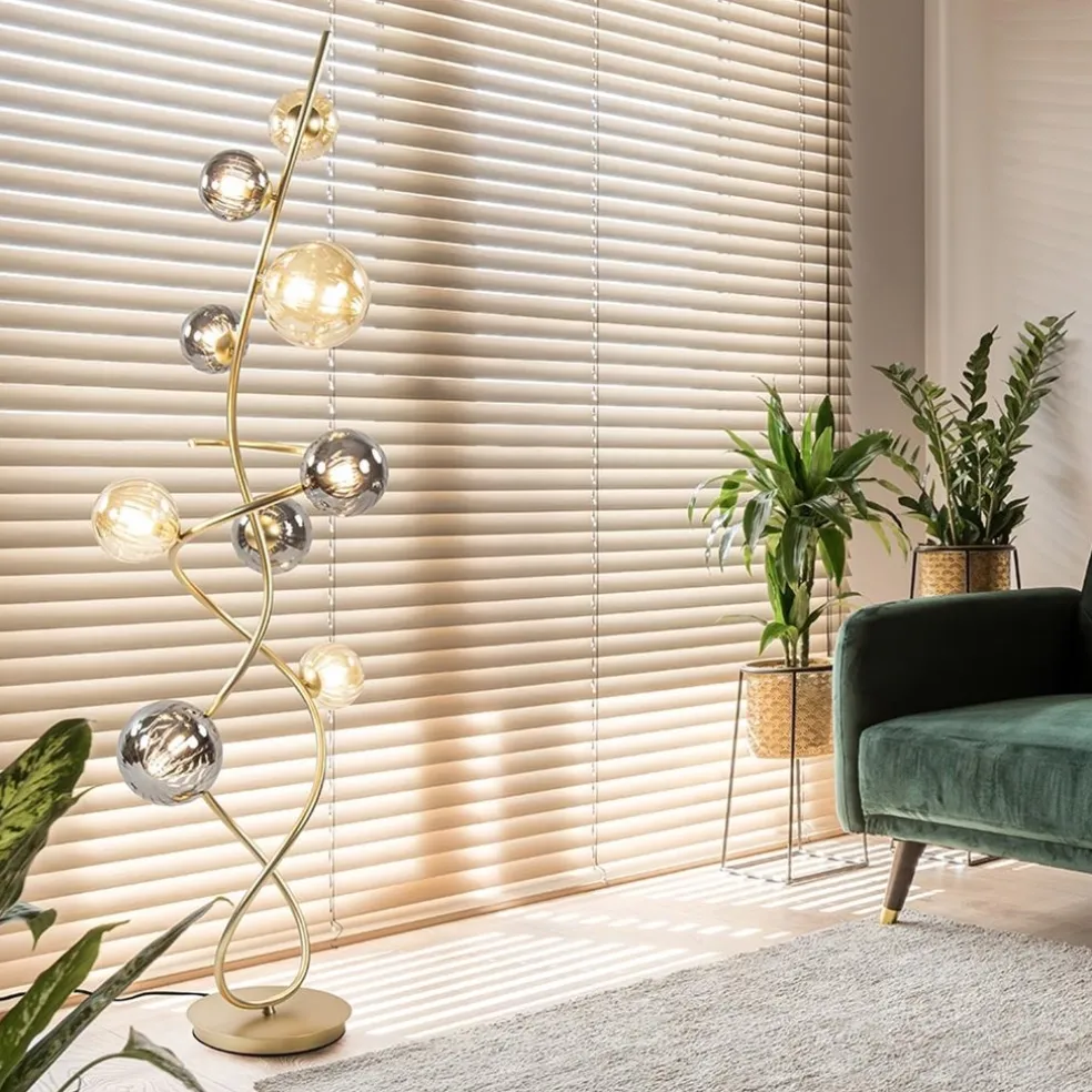 Chique vloerlamp goud met smoke en amber glazen bollen
