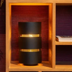 Cilinder tafellamp zwart metaal met goud