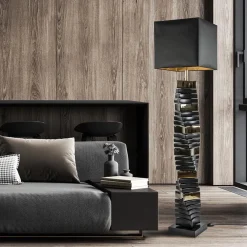 Design vloerlamp keramiek zwart/goud met zwarte kap