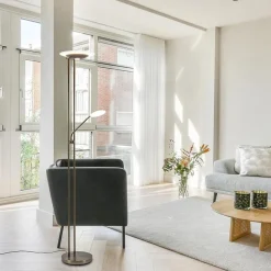 Dimbare LED uplighter met leeslamp donker brons