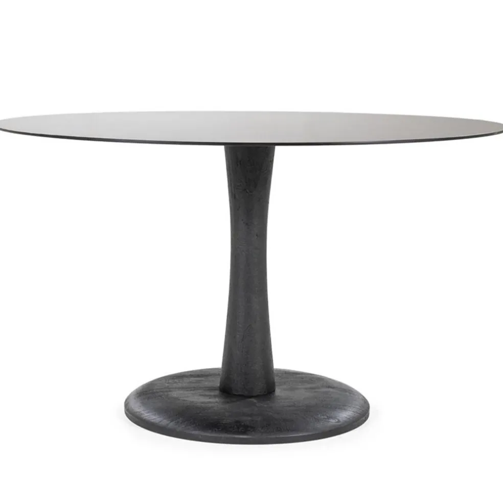 Eetkamertafel ronde glazen plaat zwart met mango houten voet
