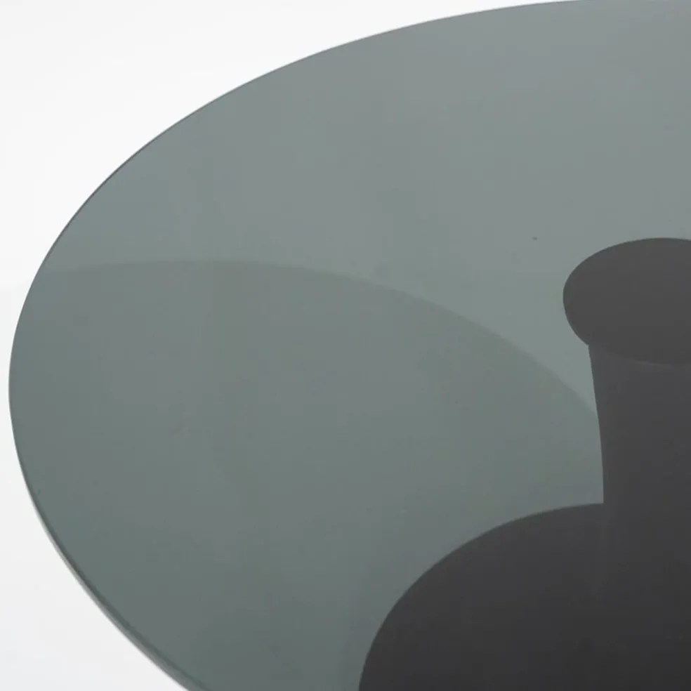 Eetkamertafel ronde glazen plaat zwart met mango houten voet