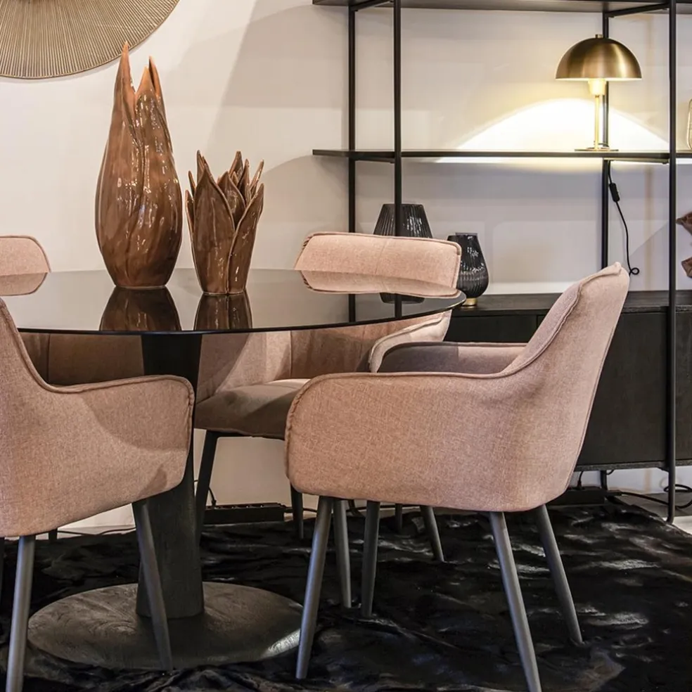 Eetkamertafel ronde glazen plaat zwart met mango houten voet