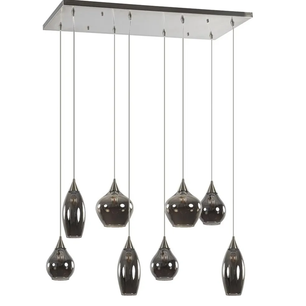 Eettafelhanglamp nikkel met smokey glas 8-lichts