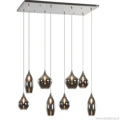 Eettafelhanglamp nikkel met smokey glas 8-lichts