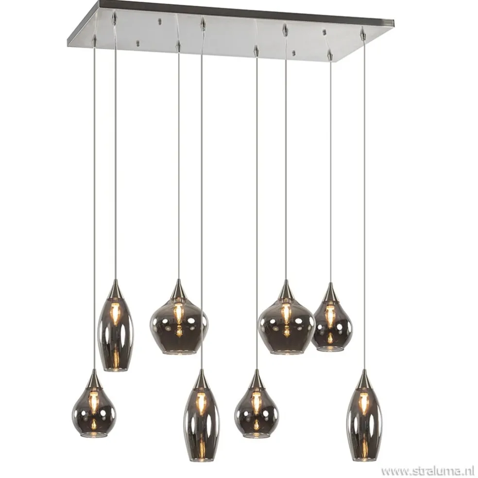 Eettafelhanglamp nikkel met smokey glas 8-lichts