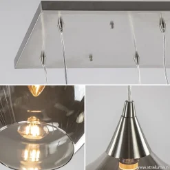 Eettafelhanglamp nikkel met smokey glas 8-lichts