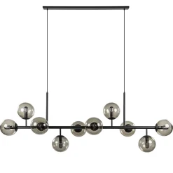 Grote 10-lichts hanglamp mat zwart met smoke glazen bollen