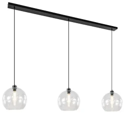 Grote 3-lichts hanglamp met helder glas en zwarte balk