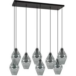 Grote 8-lichts multipendel hanglamp smoke glas ruit