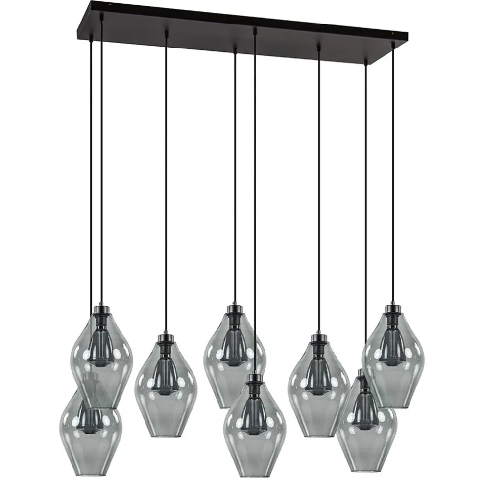 Grote 8-lichts multipendel hanglamp smoke glas ruit