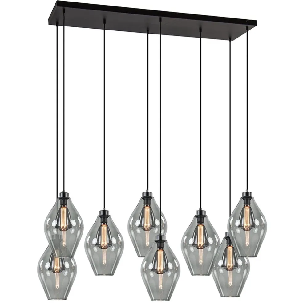 Grote 8-lichts multipendel hanglamp smoke glas ruit