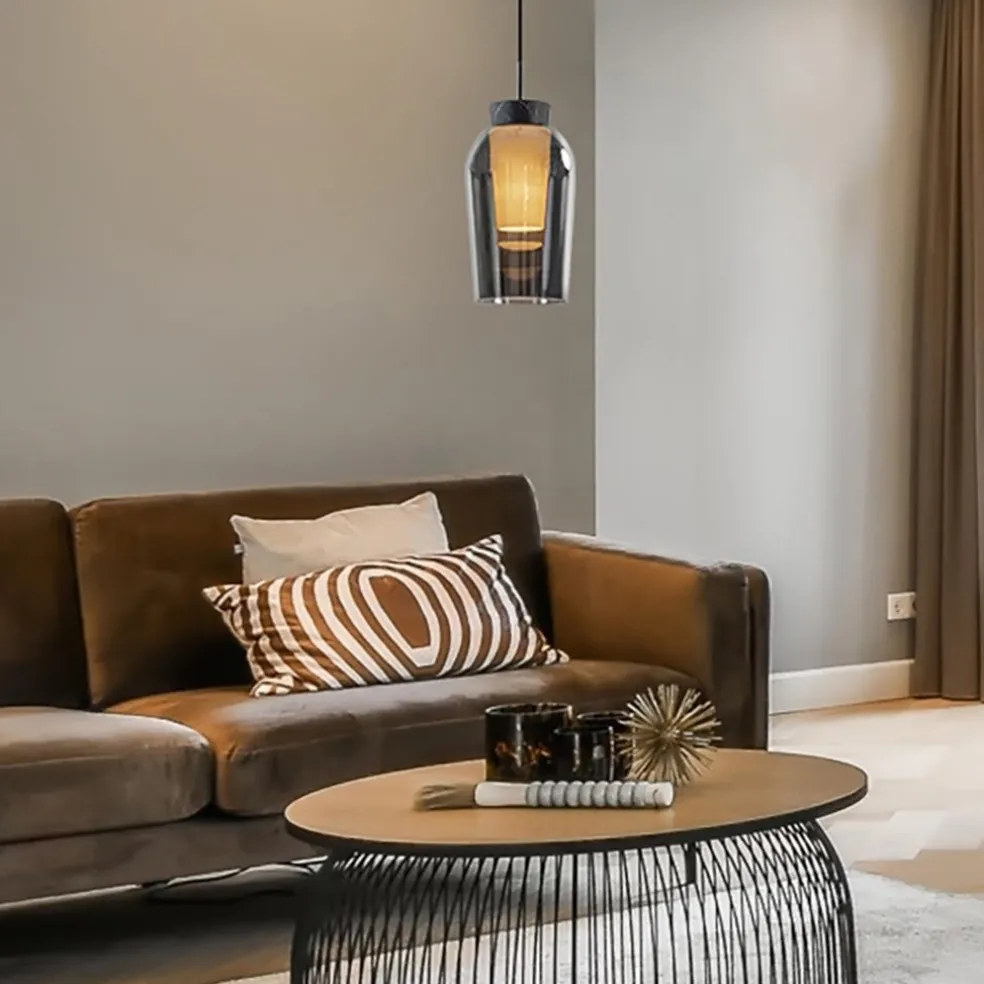 Hanglamp 1 lichts zwart/marmer met smoke glas