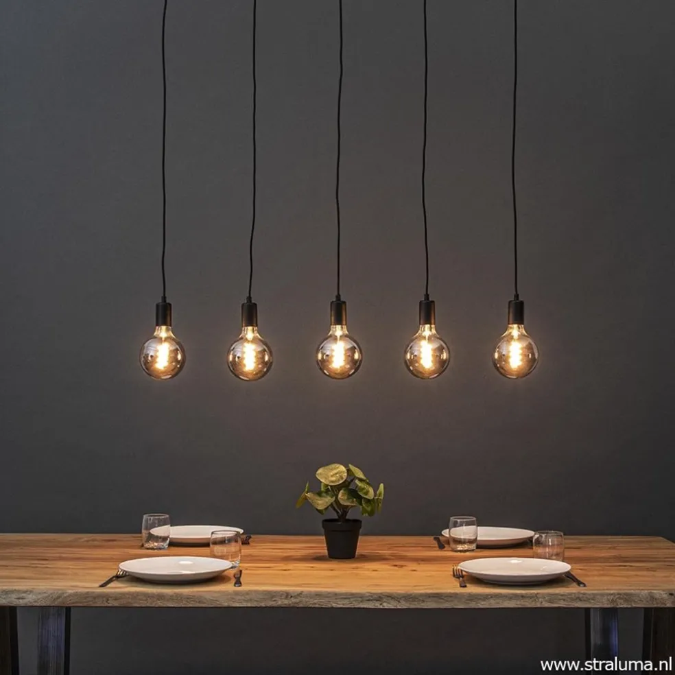 Hanglamp balk 110cm + 5x pendel zwart