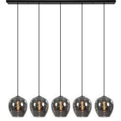Hanglamp balk zwart 5-lichts smoke glas