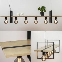 Hanglamp 6L zwart met houten planken