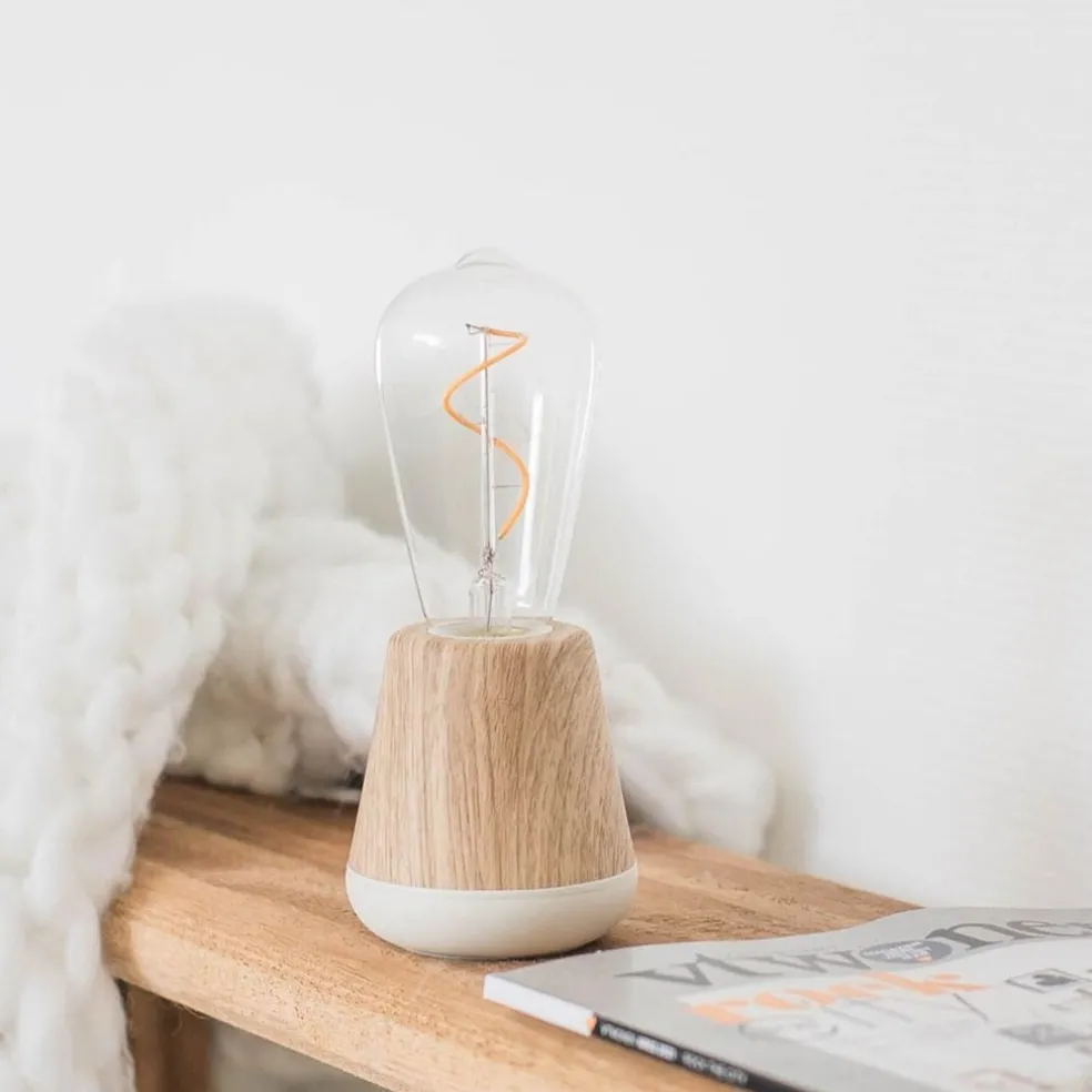 Houten tafellamp met helder glas oplaadbaar/dimbaar