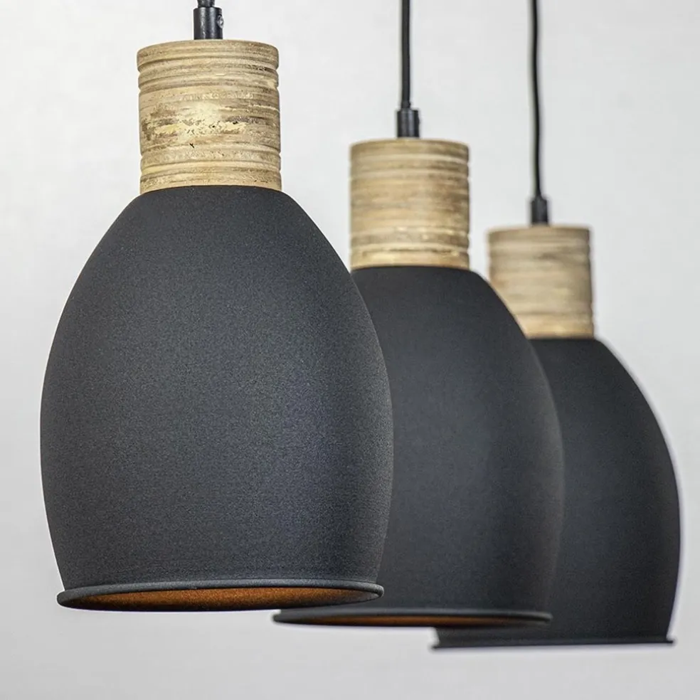 Industrieel landelijke hanglamp 3-lichts zwart met hout