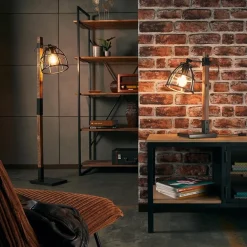 Industrieel landelijke vloerlamp Matrix hout met metalen korf