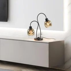 Klassieke 2-lichts tafellamp zwart met smoke glas