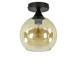 Kleine plafondlamp zwart met amber glazen bol