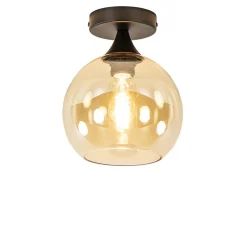 Kleine plafondlamp zwart met amber glazen bol