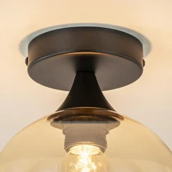 Kleine plafondlamp zwart met amber glazen bol