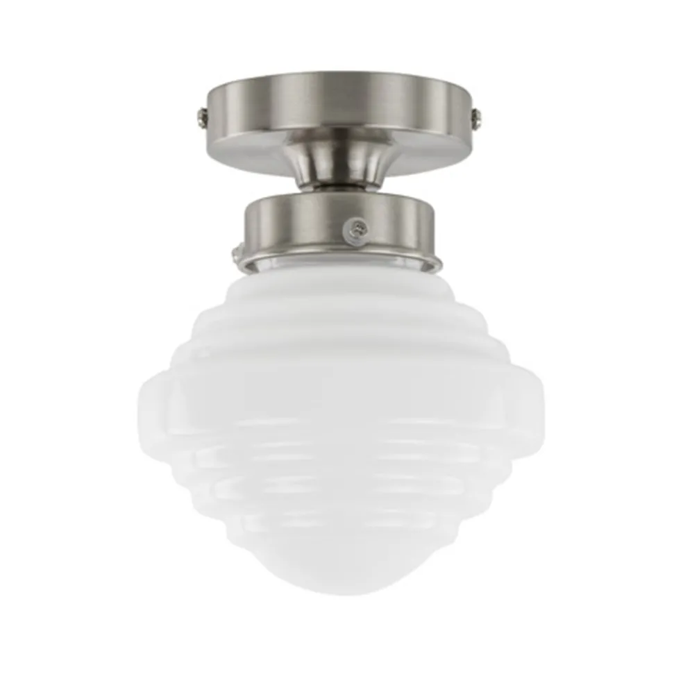 Kleine plafonnière staal met wit glas