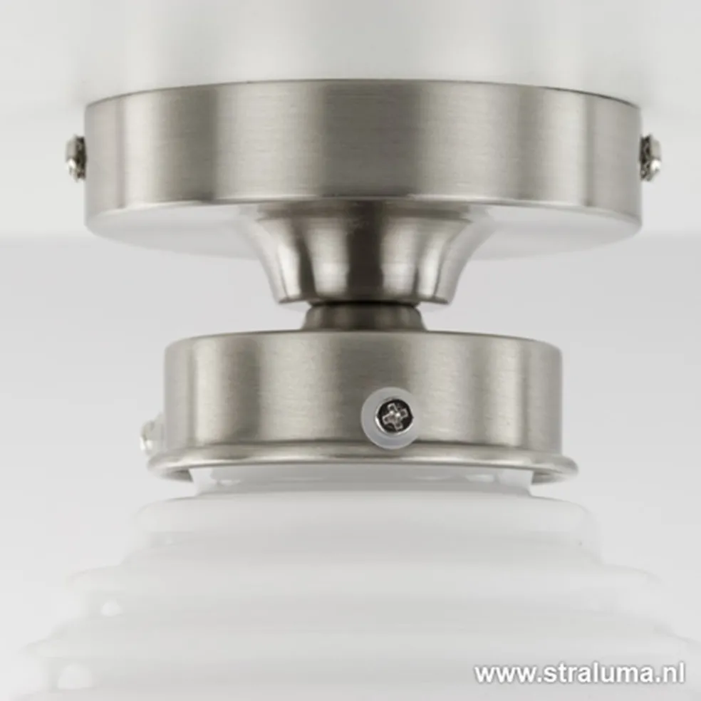 Kleine plafonnière staal met wit glas