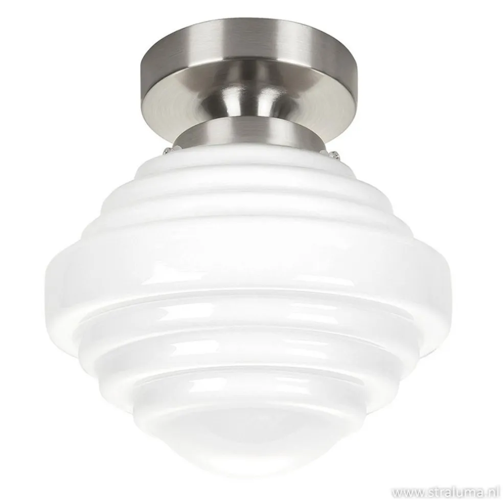 Kleine plafonnière staal met wit glas