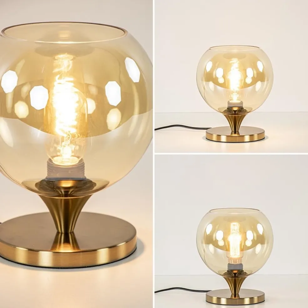 Kleine tafellamp goud met amber kleurig glas
