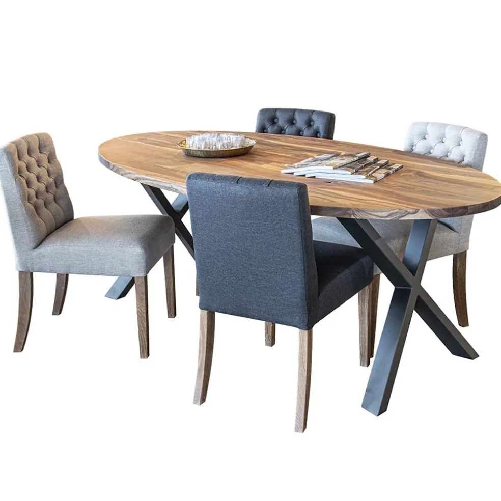 Landelijke eetkamerstoel stof met eiken pootjes