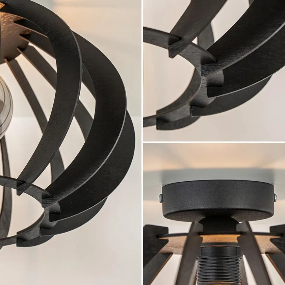 Landelijke plafondlamp hout mat zwart