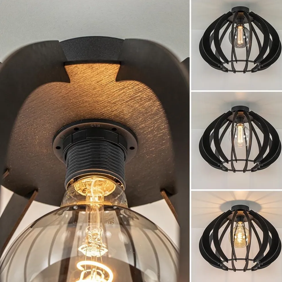 Landelijke plafondlamp hout mat zwart