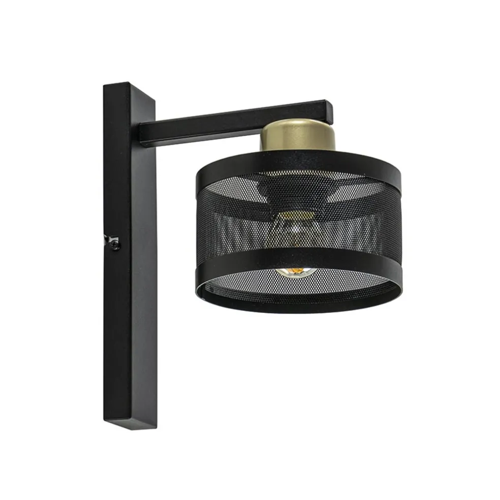 Landelijke wandlamp zwart/goud met ronde kap