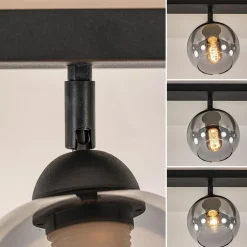 Langwerpige plafondlamp mat zwart met smoke glazen bollen