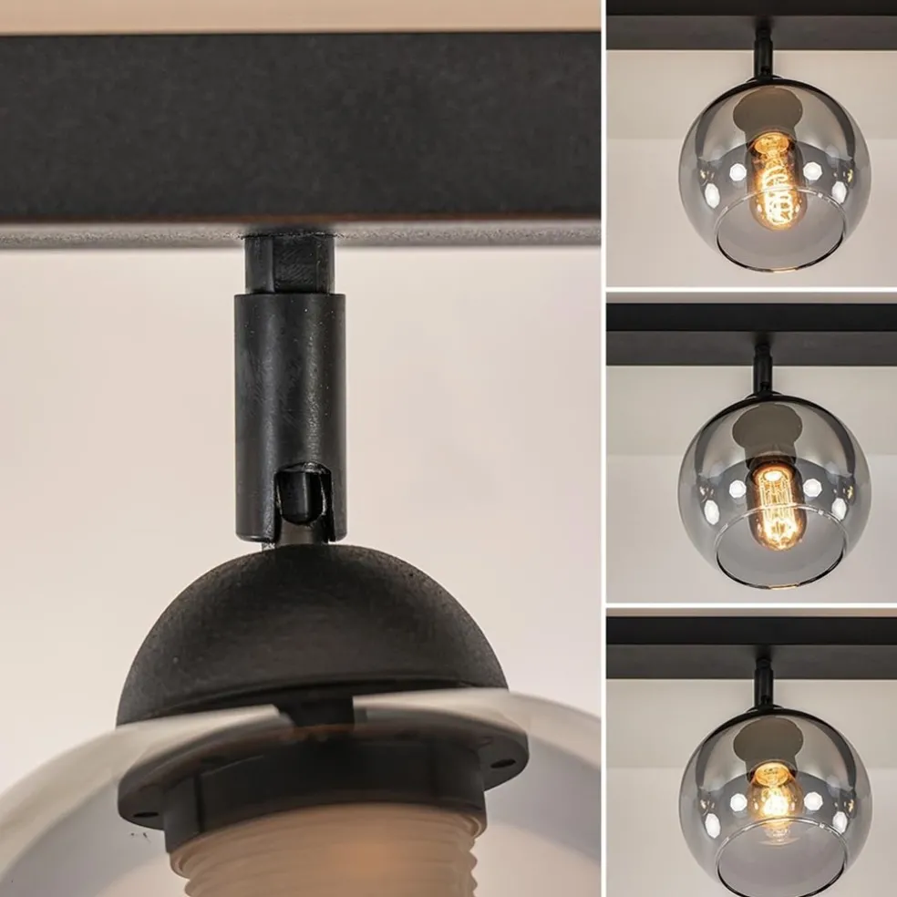 Langwerpige plafondlamp mat zwart met smoke glazen bollen