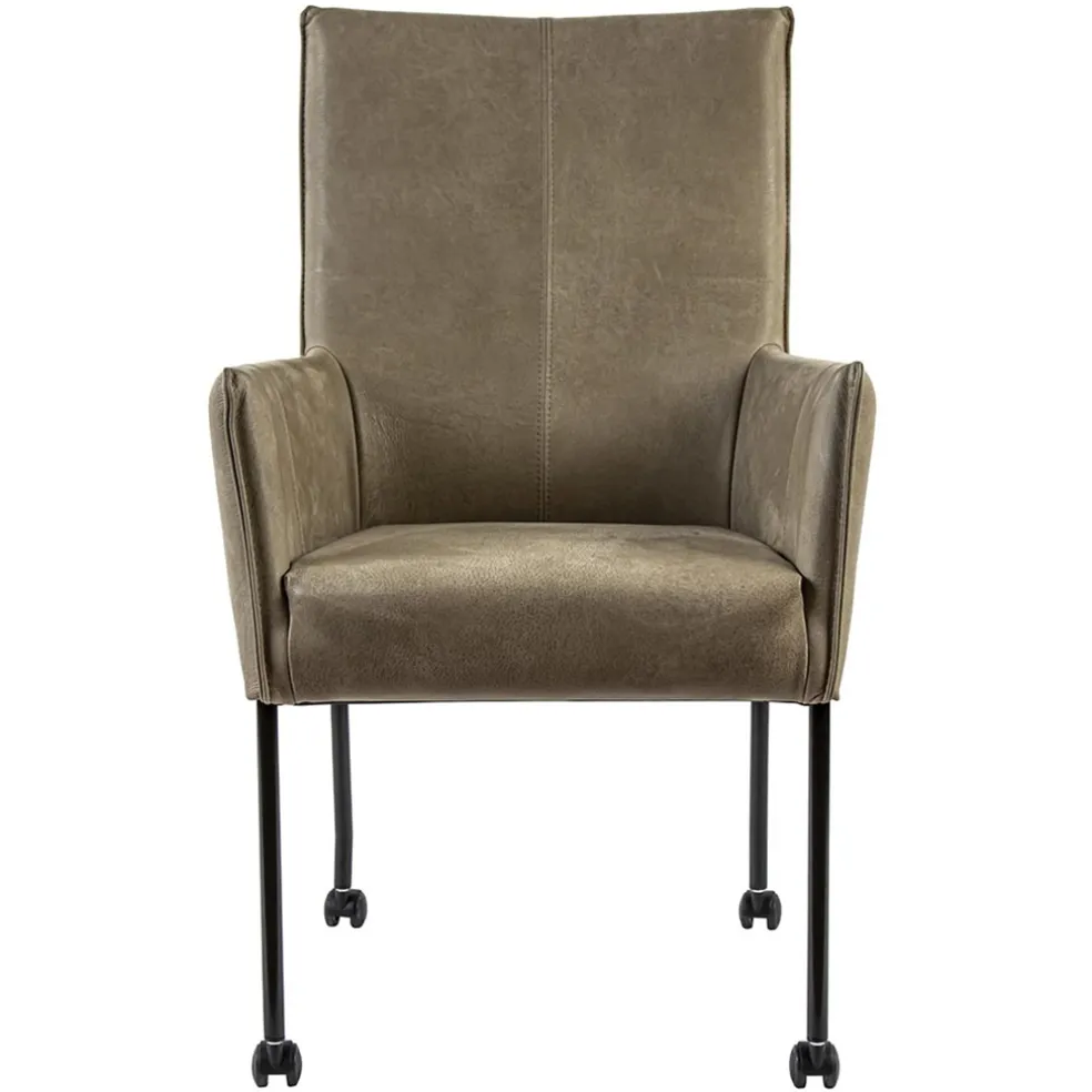 Lederen armstoel taupe met zwarte poot en wieltjes