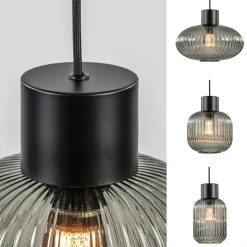 5-Lichts eettafelhanglamp geribbeld smoke glas met zwart